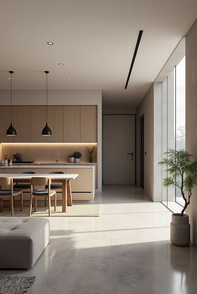 Interior desing , modern and minimalist living and dining room in an apartment in northeastern Brazil , gray porcelain floor  , ultra realisitic , 4K , High-resolution rendering 