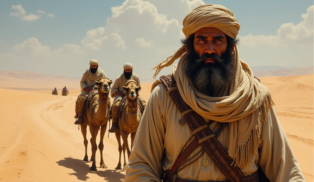 homem arafaDo com barba e barba com turbante liDera um grupo De homens em um camelo, portrait of beDouin D&D, runaway traders, Lt. Krzysztof Boguszewski, Orientalist, Orientalism, papel De pareDe - 1 0 2 4, Lt. Artur Tarnowski, Direction: Darek Zabrocki