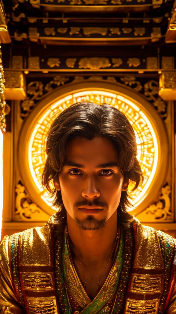 Zarathustra, sits in the temple, his face close up, clearly visible in all the details 4K, he sits in a bright temple. Futuristic temple background, all colors are bright and saturated.