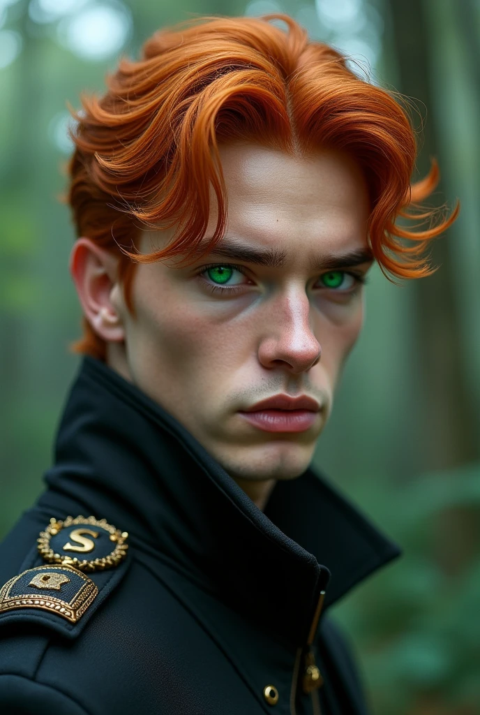Young man in He's twenties, beautiful red hair ,beautiful emerald green eyes, wearing futuristic black clothing (intricate:1.3), (arcane aura:1.2), (dreamlike: 1.3), (subtle mist:1.1), (vibrant colors: 1.2), (detailed hair:1.3), (ultra realistic details:1.5),