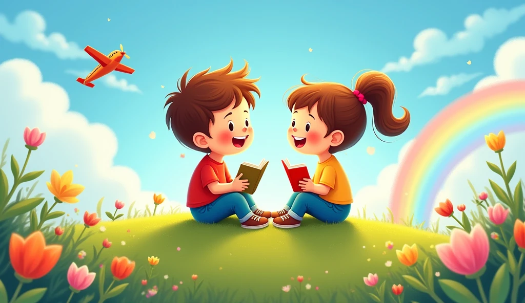 Create an image of two children, a boy and a girl, sitting together on a grassy hill under a bright blue sky. They are laughing and sharing dreams, with the boy holding a small toy airplane and the girl holding a book. The background features a few fluffy clouds, a rainbow, and some flowers blooming around them. The overall scene is warm and cheerful, with a sense of friendship, imagination, and joy. The colors should be vibrant and playful, capturing the happiness of the moment.