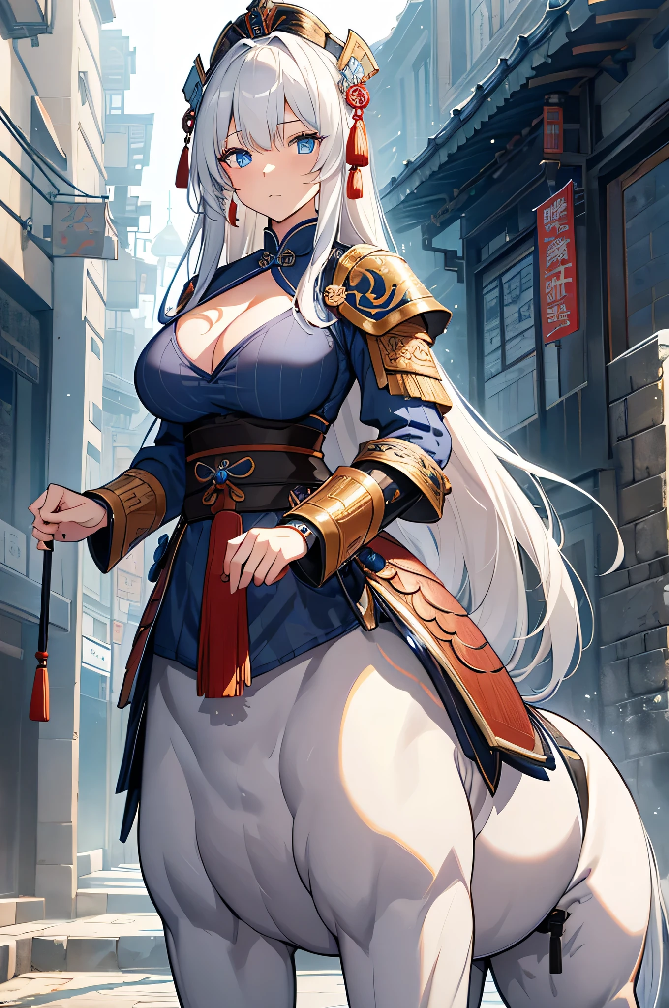 4K,High resolution,One Woman,centaur,White Hair,long hair,Blue Eyes,Brown fur,Big Breasts,Ancient Chinese Generals,Ancient Chinese Blue Armor,Heavy Armor,Full Armor,ancient chinese crown,Jewelry decoration,Long sword,Medieval village