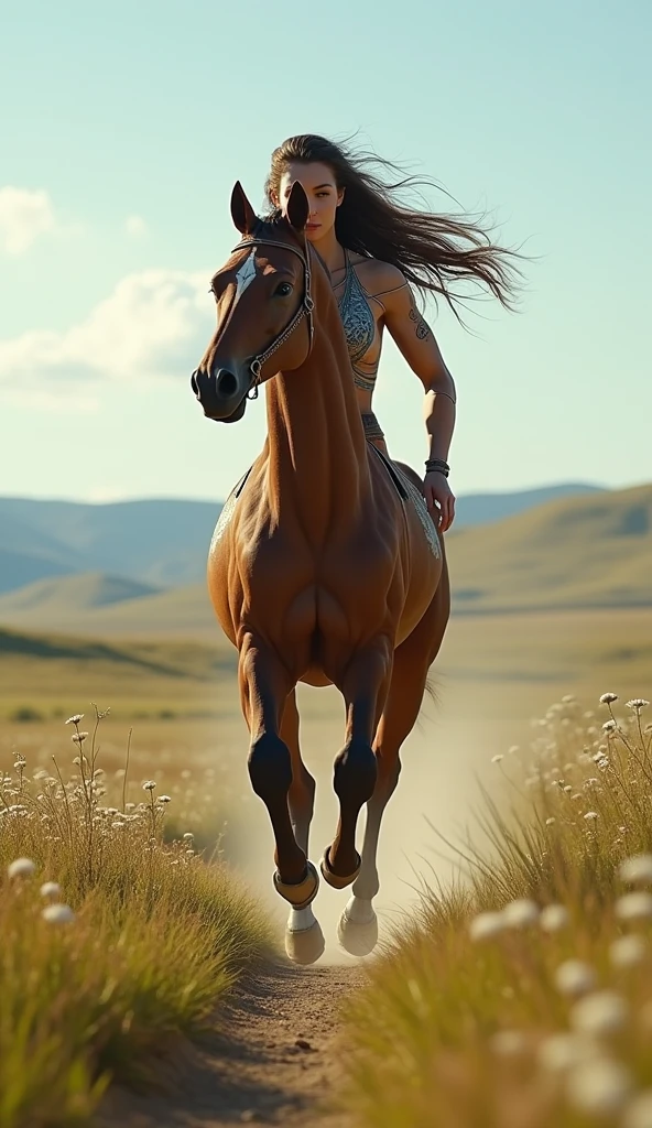 Centaur, female centaur, centaur running on the plains