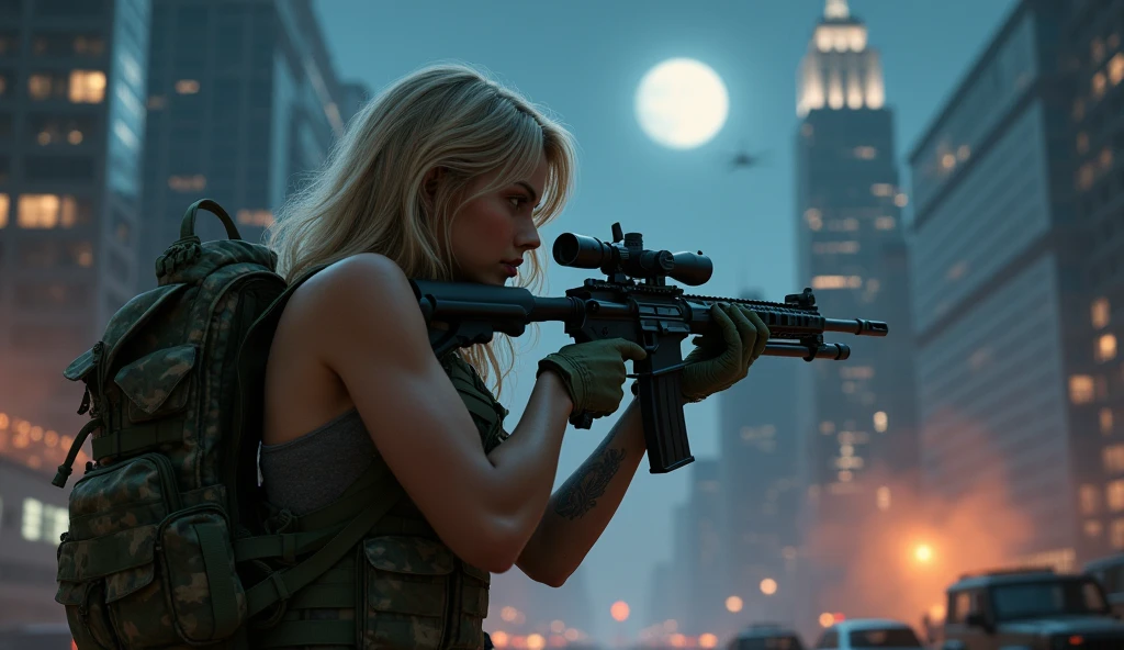 Photorealistic、Realistic skin texture、high resolution、High definition、Arabian girl in tiger stripe camouflage uniform、The upper body is wearing a camouflage bra top.、Manhattan night view、Very beautiful 1 female soldier、Carrying a military backpack、Wearing a bulletproof vest、Aiming an automatic rifle、Holding a realistic sniper rifle、Blonde medium-long hair、Young face、A military helicopter flies in the sky、The background is a skyscraper district、Smoky battlefield、The background is the night sky、Full moon in the sky、The person is a full-body angle、Watching the audience