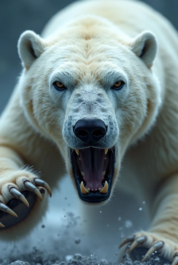 Close up white bear face, open claws , hairs standing on end and muscles tense, attacking the prey with its claw.