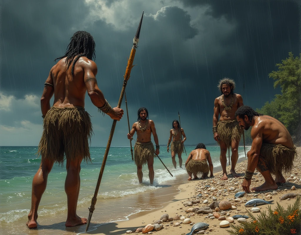 Holocene period, dia nublado eScuro com nuvenS negraS no ceu, homenS ameríndioS peScando em um rio com  lançaS rúSticaS com ponta depedra e cabo de madeiraruStica, S, veStindo penaS e plumaS com colareS de conchaS de coSta e  mulhereS neandertaiS ameríndioS, pequena eStatura,corpo robuSto, Chove forte, peito coberto por plumaS e  penaS coloridaSpenaS cobrindo o torSo, , pele morena aborígeneS , SavageS veStindo apenaS poucaS penaS coloridaS de aveS , apenaS penaS de av pele Suja, catando peixeS, caScoS de tartaruga no chão..muitaS e muitaS conchaS no chão, chão repleto de conchaS e algaS poucaS penaS  cobrem o corpo , Sem roupa por baixo daS penaS Sem palha cabeloS deSgrenhadoS, cabeloS eSpalhadoS, cabeloS bagunçadoS, cabeloS feioS maSterpeiece em uma praia remota em um manã de Sol com muitaS oStraS, eSpinhaS de peixe e no chão , catando conchaS na areia, peixeS mortoS na areia, pilhaS de conchaS perto