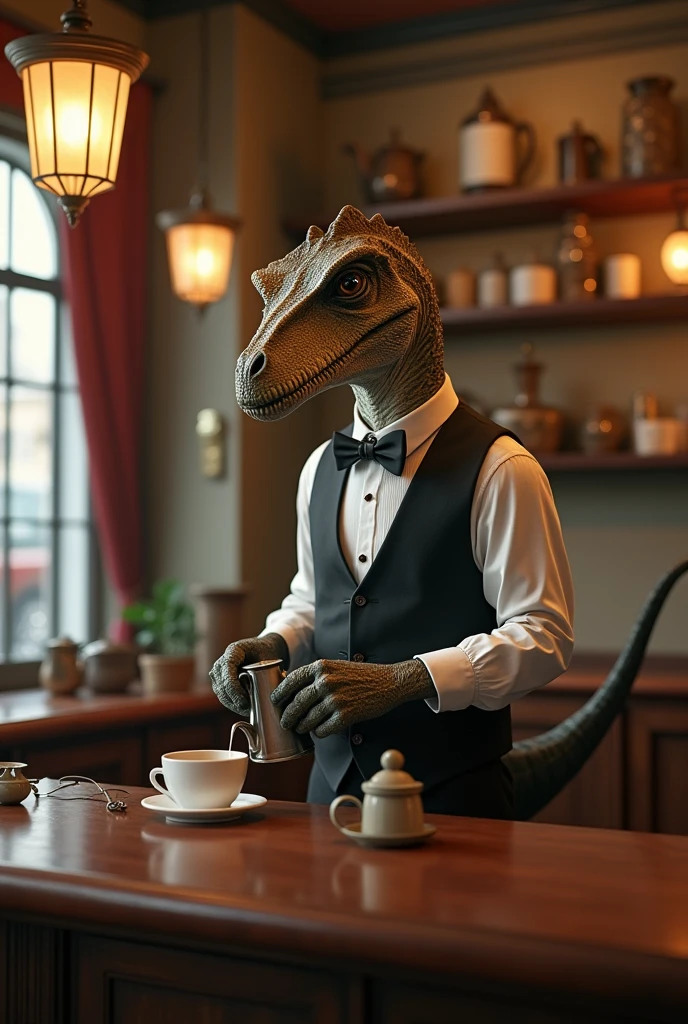 Dinosaur with bow tie and long sleeves、A dinosaur elegantly brewing coffee in a classical cafe、By drip、Calm、Over the counter Ceramic coffee pot