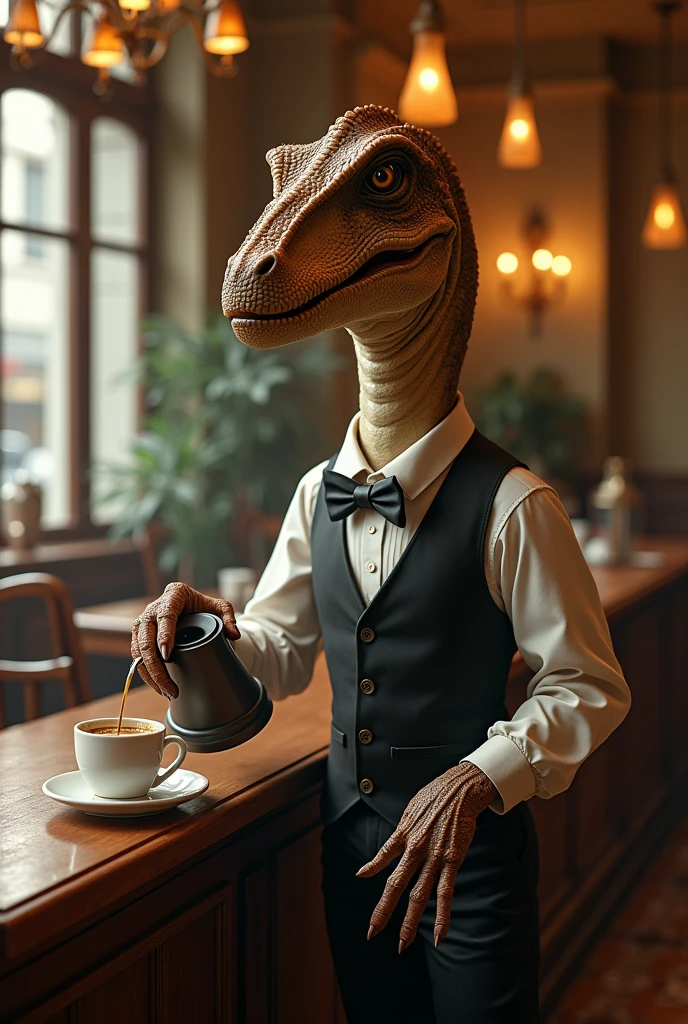 Dinosaur with bow tie and long sleeves、A dinosaur elegantly brewing coffee in a classical cafe、By drip、Calm、Over the counter　Ceramic coffee pot
