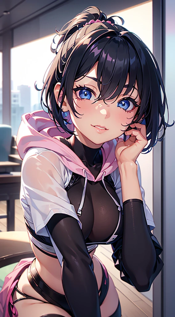 ((short hair, Highest quality, High resolution, Hmph, Pixel perfect, 4K, Hmph, Hmph))), One Girl, single, alone, Beauty、 (( bangs, Black Hair、ponytail、Scrunchie)), ((Big blue eyes, Beautiful eyelashes, Realistic eyes、Double)), ((Detailed smile, )), ((Smooth texture:0.75, Realistic texture:0.65, Realistic:1.1, Anime CG style)), Big Breasts, Perfect body, Pink hoodie、pants
