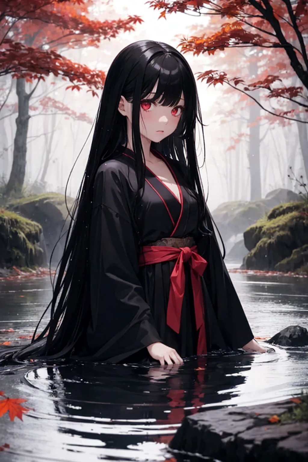 Girl doll, wet black hair, long hair, small chest, red eyes, black kimono, expressionless, dark night, nature, dark forest, Sanzu River, fog, afterlife, ghost story, autumn leaves