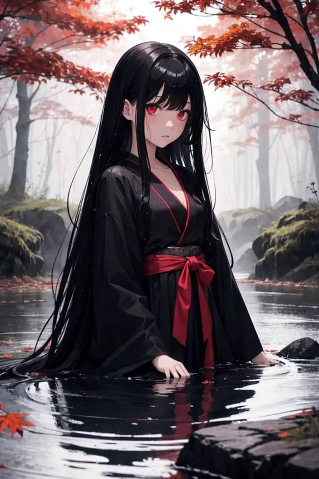 Girl doll, wet black hair, long hair, small chest, red eyes, black kimono, expressionless, dark night, nature, dark forest, Sanzu River, fog, afterlife, ghost story, autumn leaves