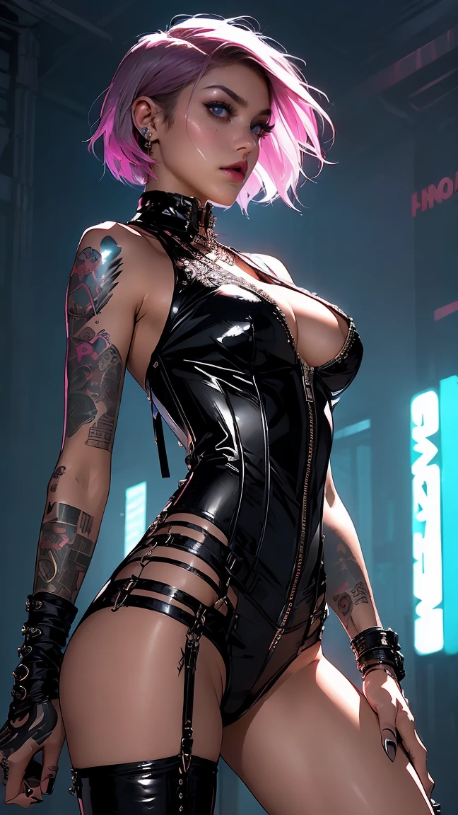 (((of the highest quality: 1.4))),(unparalleled masterpiece ever), (Ultra high definition),(Ultra-realistic 8K CG, camera view from behind), offcial art、 (((adult nude body, accentuated super huge enormously gigantic , cleavage showing, leather corset lace panties and thigh high boots with lots of straps buckles and zippers))), (((1girl in))), ((( Bob Shorthair ))), Punk girl with a perfect body,Beautiful and well-groomed face,Fancy makeup, (Image from head to thigh),((neon Bob Shorthair )), Simon Bisley's urban savage style luxurious bedroom,Detailed background of luxurious bedroom,Clean abs, Complex graphics, dark pink with white stars and gray and white stripeany poisonous tattoos )), piercings long legs
