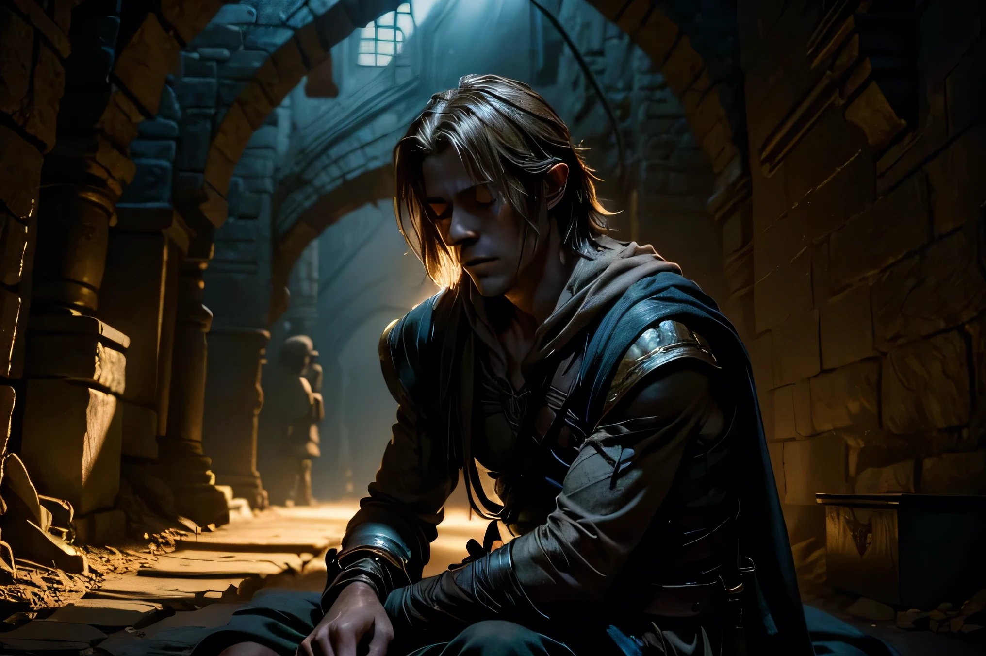 In a dimly lit, narrow passageway, Link's uncle lies on his back, his eyes closed as if in a deep sleep. The darkness of the corridor surrounds him, with only a faint, distant light casting a soft glow on his peaceful face. His arms rest by his sides, and his chest gently rises and falls with each breath. The atmosphere is quiet and still, emphasizing the solitude of the scene and the uncle's vulnerable state.