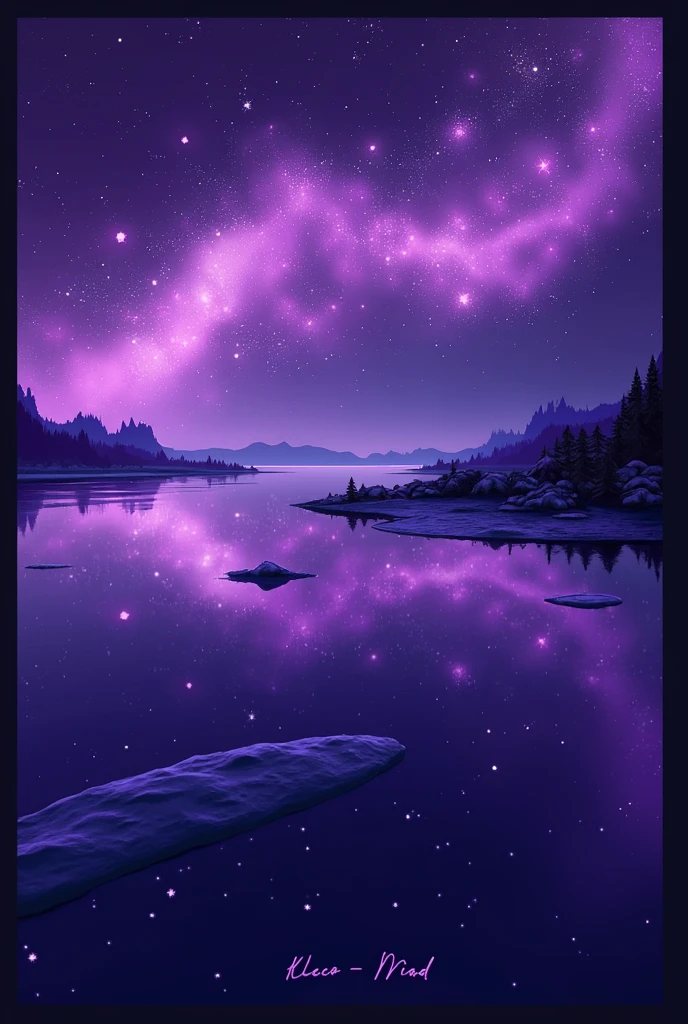 This image is、Purple night sky with stars々It depicts a beautiful landscape dotted with。A pale purple aurora-like light spread across the sky.、The stars are shining brightly。Below, the calm waters spread out、You can see the reflection of the stars。The overall scene has a fantastical and mysterious atmosphere.。