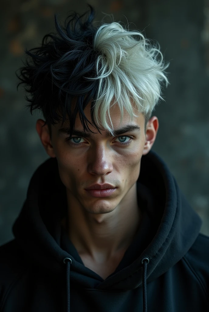 A close up of a tall young attractive man, short wavy yet spiky messy black and white hair, with toned skin, wearing a hoodie, mysterious, haunting, dramatic, aesthetic, eerily beautiful, dark surrealism, best quality
