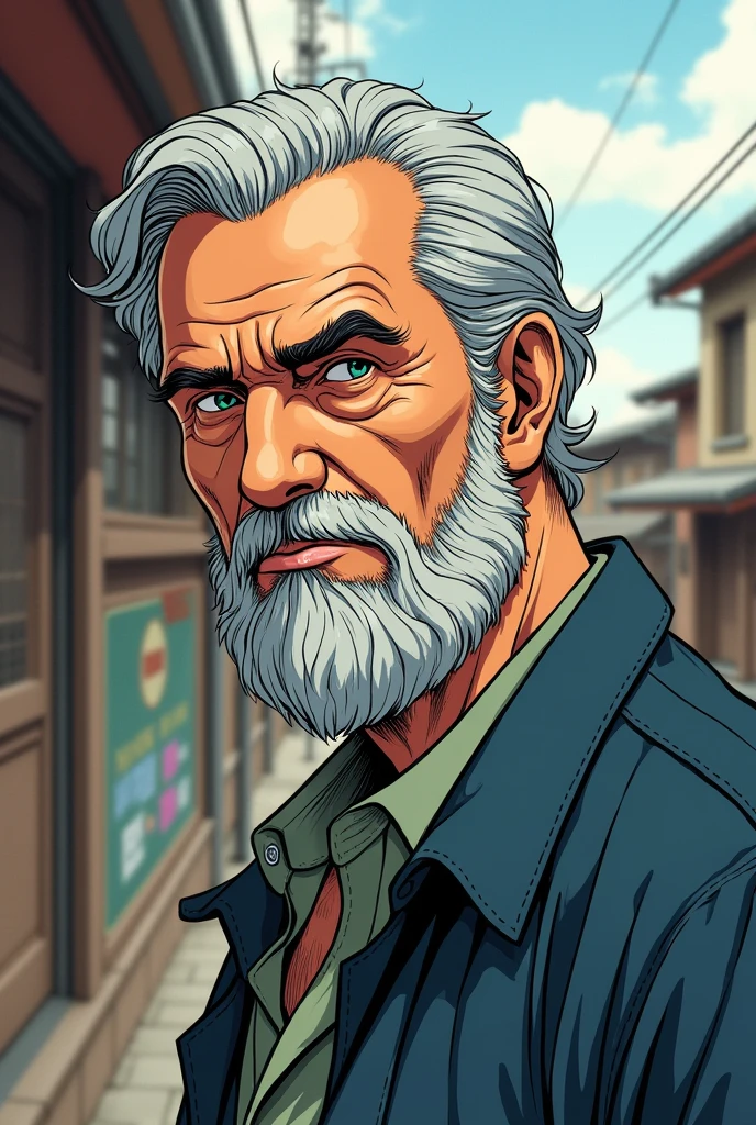 A male of age 62 with beard of normal apparenc acting as a side character of manga