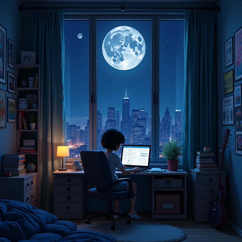 3D animated cinematic stills of a cozy room, Large windows with a view of the city at night, Moon with coat of arms, melancholic, Sad mood, bed, Computer Desk, A girl is studying, Geeky posters on the walls and a guitar in the corner,Pixar Style, Disney, Vaporwave