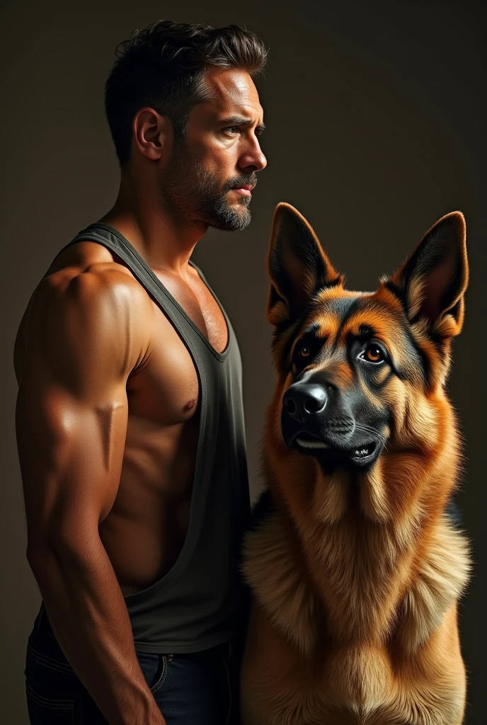 A man with a German shepherd dog, detailed portrait, studio lighting, professional photography, best quality, 8k, hyperrealistic, masterpiece, sharp focus, physically-based rendering, extreme detail description, vivid colors, natural lighting, warm color palette, dramatic contrast, intricate textures, muscular build, intense gaze, loyal companion animal, man's best friend