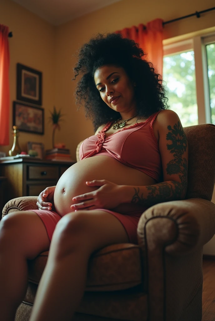 Your POV view from below when Cardi B's plus size stepmother becomes a giant who is very pregnant and sits on a chair at home with a giant posture and tall and a little tattooed. HD, cinematic, Photorealistic, fisheye camera view, iphone camera style, hard detailed