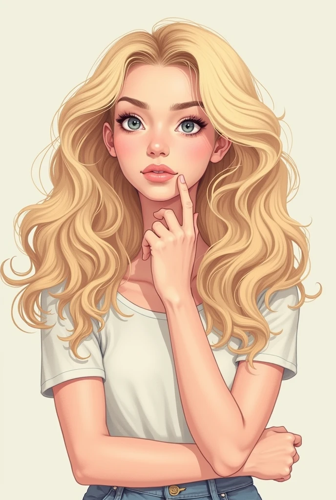 Simple drawing of a white girl with curly hair and black hair. Make her think about her future life working in cosmetology
