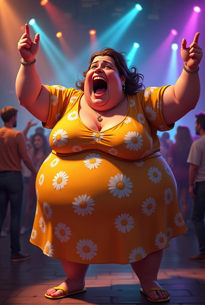 A screaming fat woman at a club wearing a daisy dress
