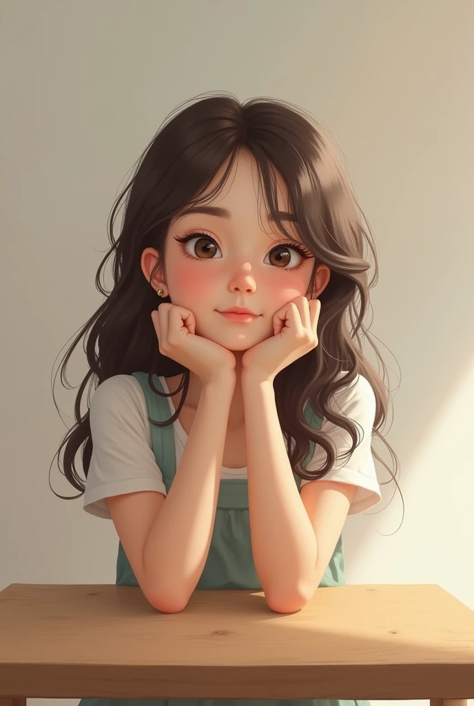 Create a fair girl with wavy hair sitting on a table with a soft little smile on her face looking at the camera 