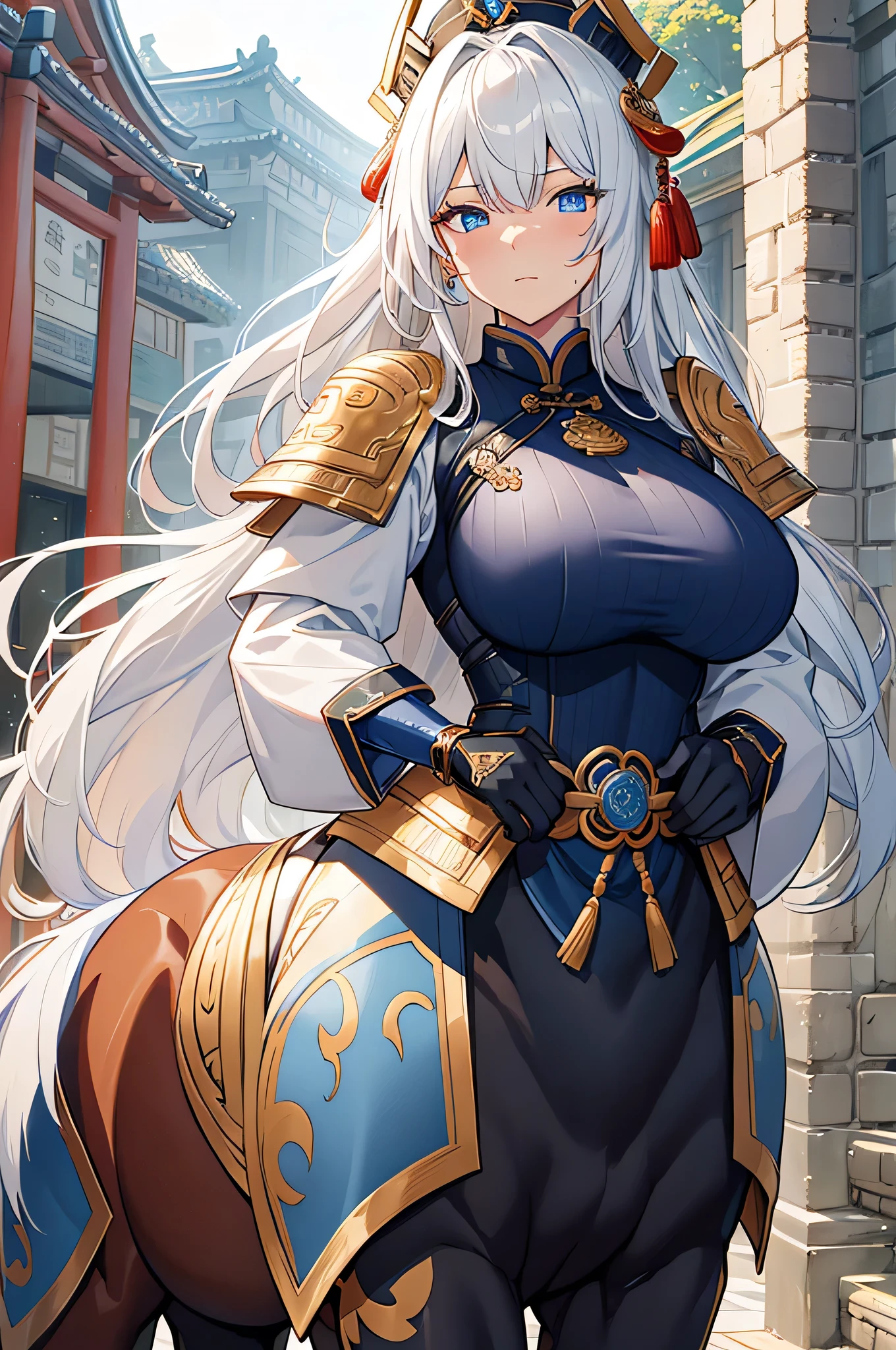 4K,High resolution,One Woman,centaur,White Hair,long hair,Blue Eyes,Brown fur,Big Breasts,Ancient Chinese Generals,Ancient Chinese Blue Armor,Heavy Armor,Full Armor,ancient chinese crown,Jewelry decoration,Gold decoration,Long sword,Medieval village