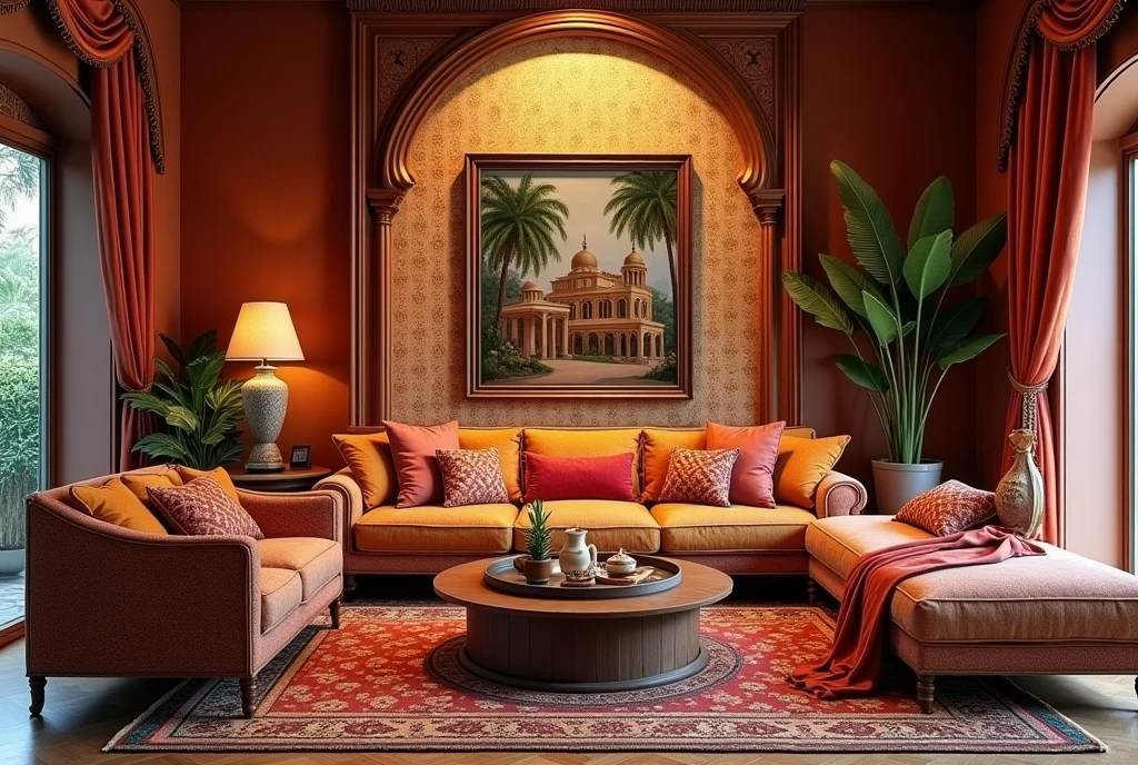 Beautiful Indian style full size living room, and wall paper design with painting art square size 24 inch x 24 inch