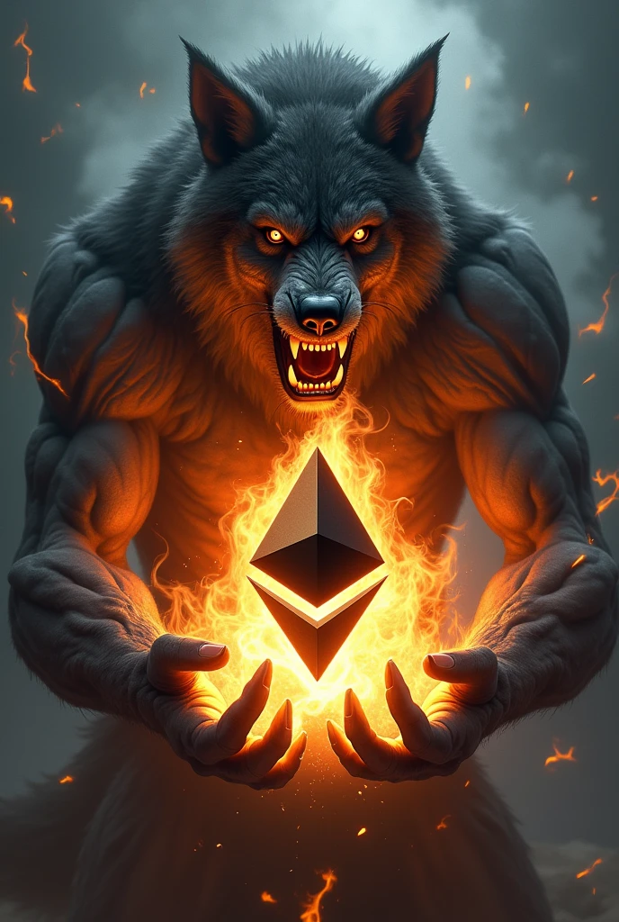 A man as a wolf angry holding the ethereum logo fire