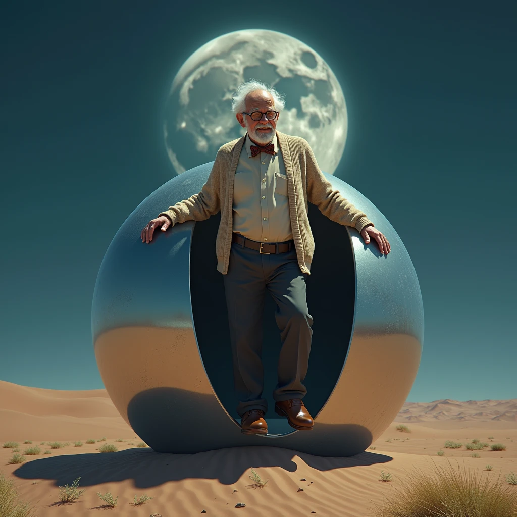 a kindly looking old man, cardigan sweater, bow tie, dark pants, brown shoes, stepping out of a smooth mirrored sphere resting on the desert floor on a moonlit night, photo realistic
