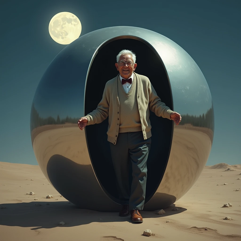 a kindly looking old man, cardigan sweater, bow tie, dark pants, brown shoes, stepping out of a smooth mirrored sphere resting on the desert floor on a moonlit night, photo realistic