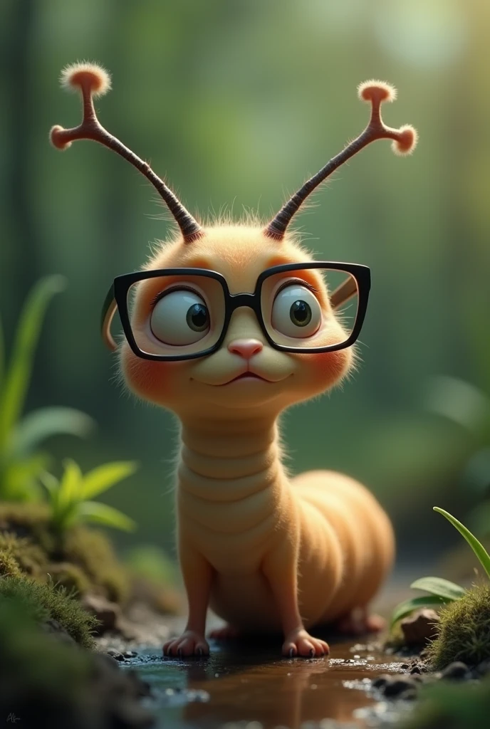 A caterpillar that is not cute, with glasses and a wise and intelligent appearance that does not have hair