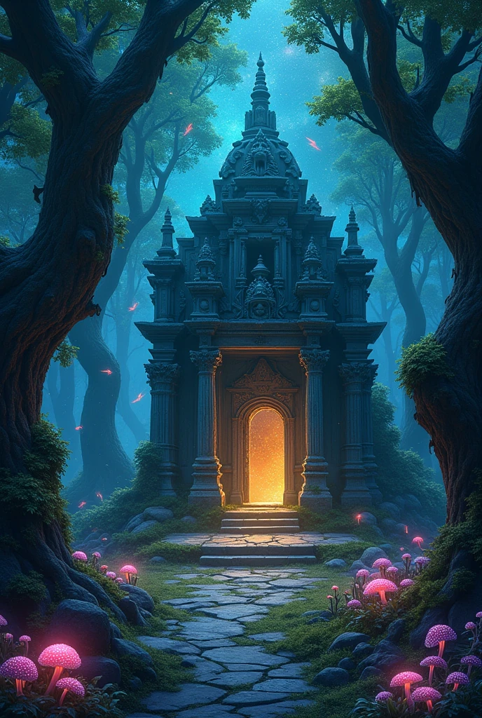 "A magical forest with glowing plants and colorful stars in the sky, with an ancient stone temple in the midst of the woods."

