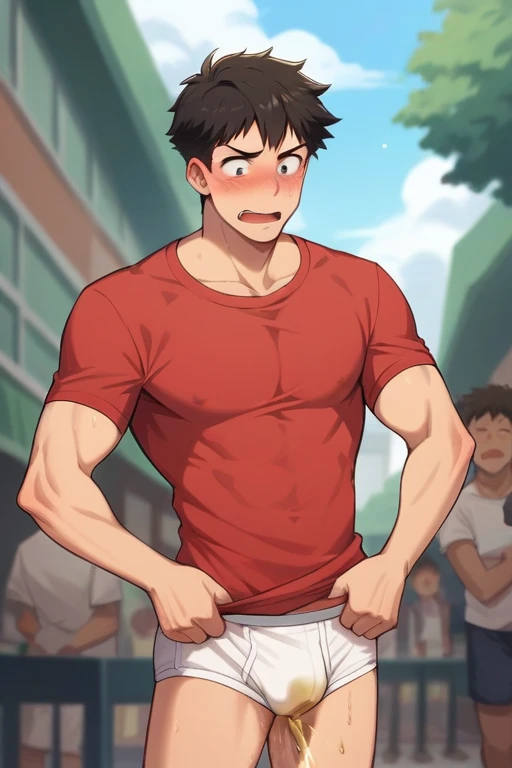 In the morning school, a slender and mascular young man in his tighty whities is peeing himself. There's a pee wet spot on his briefs. His pee drops are is dripping down from his briefs, and make a pee puddle at his feet. Red T-shirt. He is ashamed of peeing himself. He looks embarrassed. Anime
