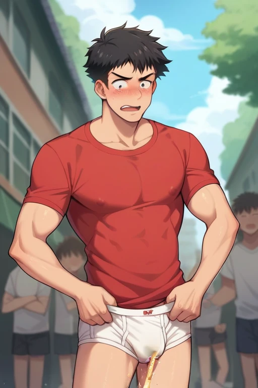 In the morning school, a slender and mascular young man in his tighty whities is peeing himself. There's a pee wet spot on his briefs. His pee drops are is dripping down from his briefs, and make a pee puddle at his feet. Red T-shirt. He is ashamed of peeing himself. He looks embarrassed. Anime