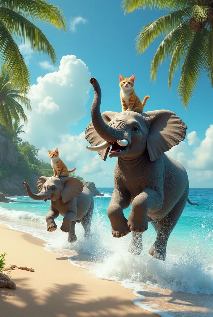 Island with a beach and waves best quality
And elephants jumping with happines
and cats on top of elephants head