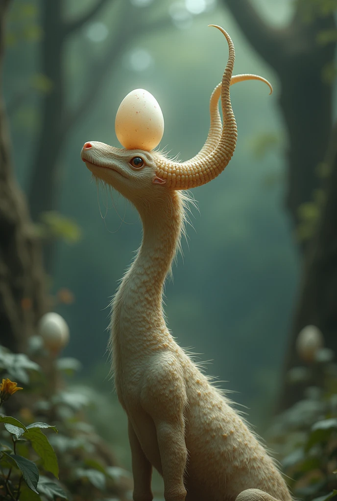 Karba has a horn that has an egg standing at the end of the horn