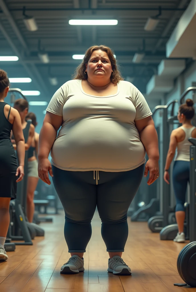 A confused fat woman at the gym