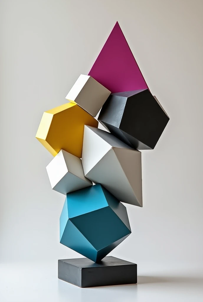 colors: white, black and grayscale and primary colors: yellow, CYAN and MAGENTA.

Presentation height: 25 cms., That is, it protrudes 25 cm from the base..

Restrictions: Platonic solids will be used as the basis for the composition of the work, whether intercepting, fragmenting, breaking down or perforating to create a sculptural element that represents THE FOUR ELEMENTS: air, Water, EARTH and FIRE. USE THE COLORS THAT I ASKED YOU FOR THE MAGENTA FIRE, EL Water CON CYAN, EL air ESCALA DE GRISES Y TIERRA CON yellow Y GRISES 