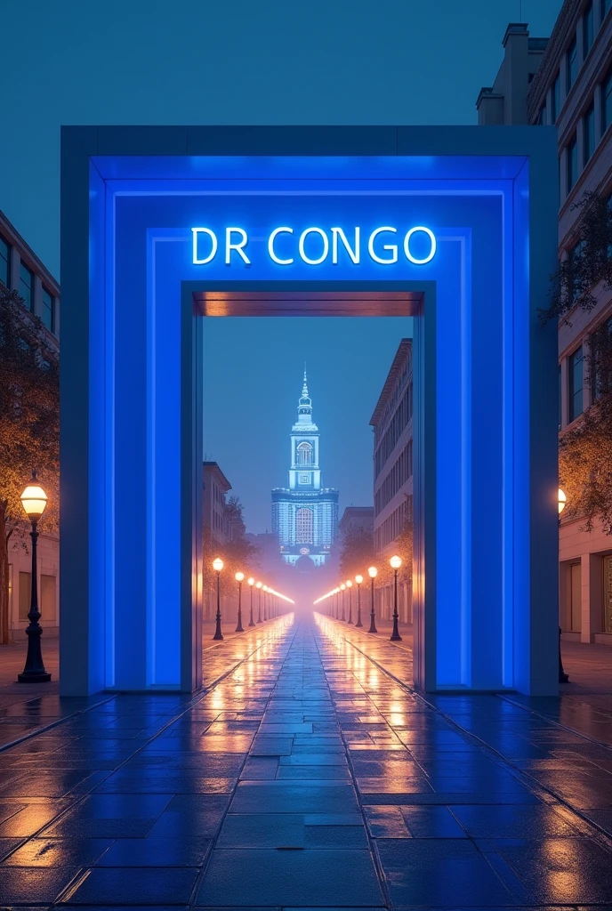 Une grande porte carrée futuriste ouvrant à une ville éclairée, porte peinte en bleu, avec une mention DR Congo, boulevard en goudron au milieu, avec des éclairages public des côtés,