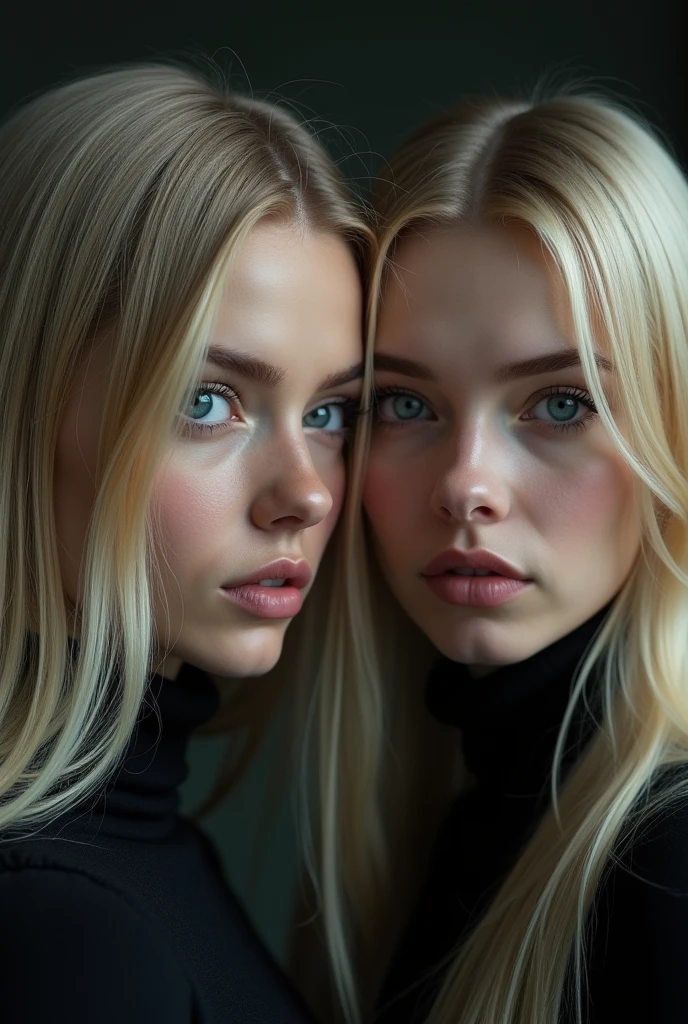 Young 2 russian woman, high cheekbones, mysterious gaze, heart faceshape, blue eyes, hunter eye shape, long eyelashes, full lips, small nose, blond straight hairs