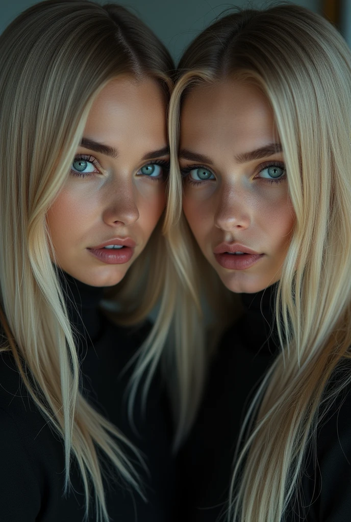 Young 2 russian woman, high cheekbones, mysterious gaze, heart faceshape, blue eyes, hunter eye shape, long eyelashes, full lips, small nose, blond straight hairs