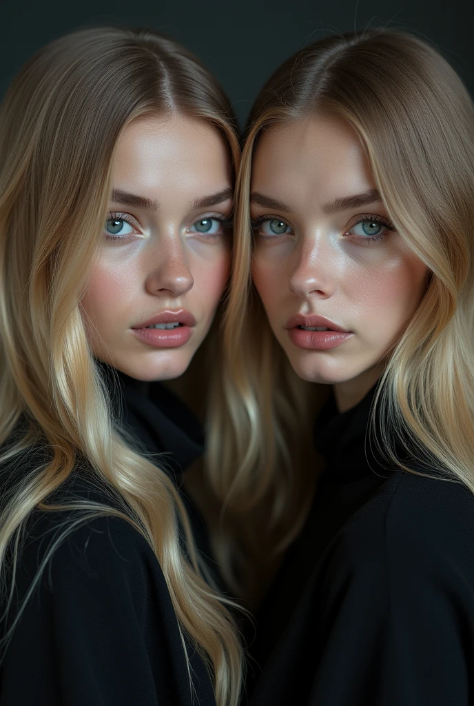 Young 2 russian woman, high cheekbones, mysterious gaze, heart faceshape, blue eyes, hunter eye shape, long eyelashes, full lips, small nose, blond straight hairs