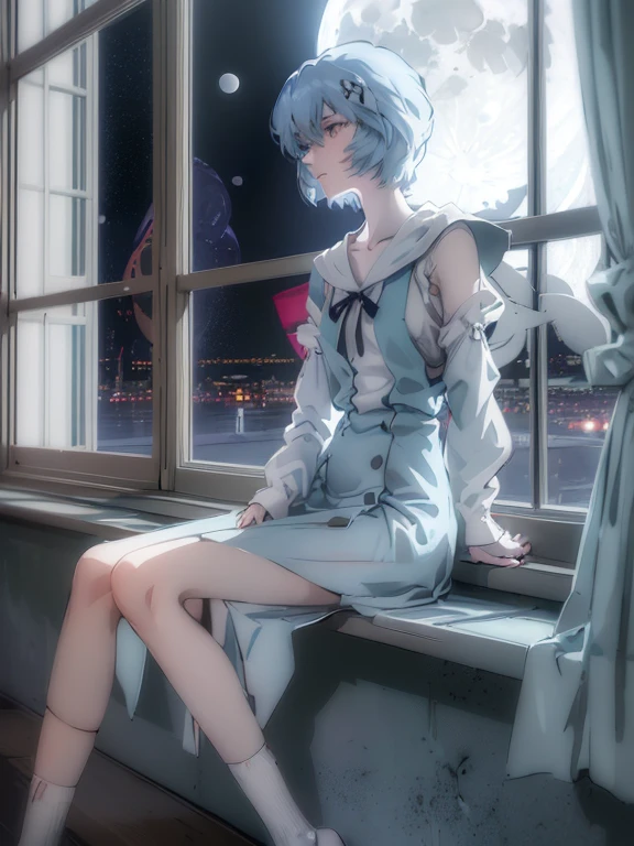 ultra-detailed, illustration, Beautiful Face, Beautiful body, (Rei Ayanami), Bluish silver short hair, (((One hand on cheek, Large windows, Open window, Leaning on the window frame, One foot on the window sill))), (Leaning forward), Tokyo-3 middle school uniform, black socks, ((Moon Background, The moon looks big:1.3, Gazing at the Moon:1.3)), ((Night:1.3)), View from inside the Hospital room, The lace curtains are swaying in the wind, Slightly slim body, face in profile, ephemeral Expression, extremely detailed eyes and face, photo with an 85mm camera, ((masterpiece, best quality, high resolution))
