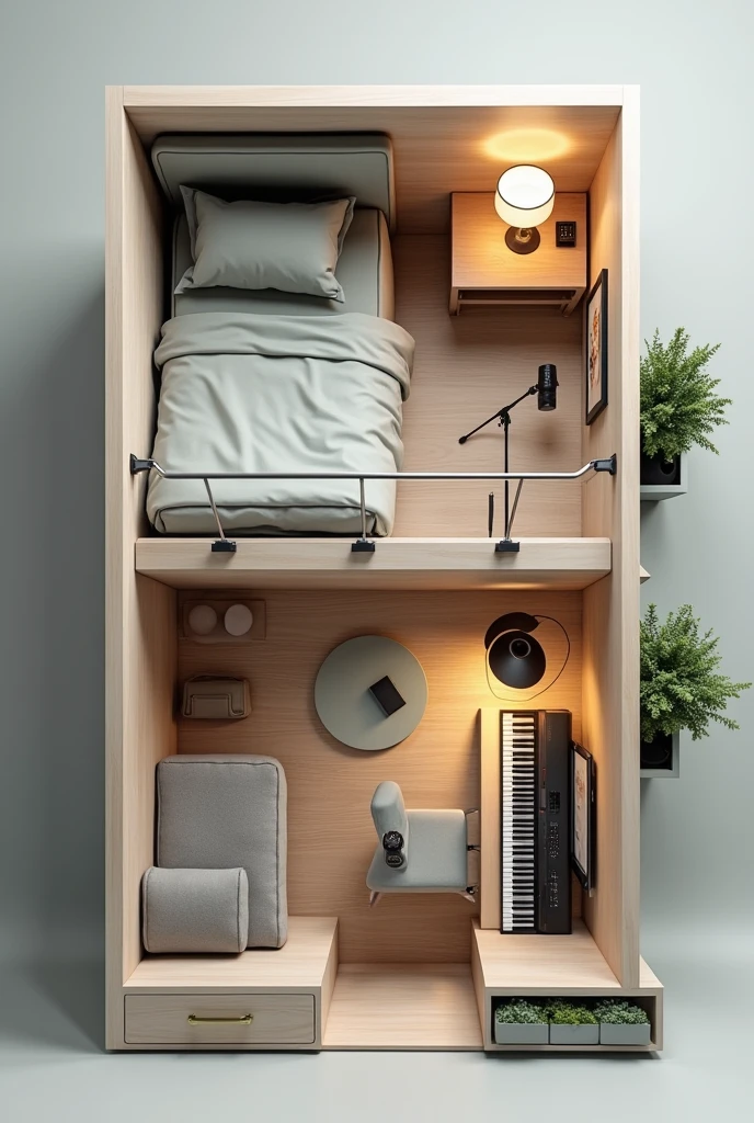 **Description of the room plan:**
The design shows a compact and efficient room with the following elements:
1. **cabin bed:** Located against one of the walls, The top bunk is used for sleeping, while the lower part is used as a work space.
2. **Desk under the cabin:** under the bed, There is a desk with a computer and a chair, creating a comfortable and functional study or work space.
3. **Additional table:** A simple table placed in the room can be used for various activities such as reading., write or place additional equipment.
4. **Recording studio:** In a corner of the room, the recording studio is located, equipped with a microphone, a sound mixer, a plan, Monitors and other essentials for music production.