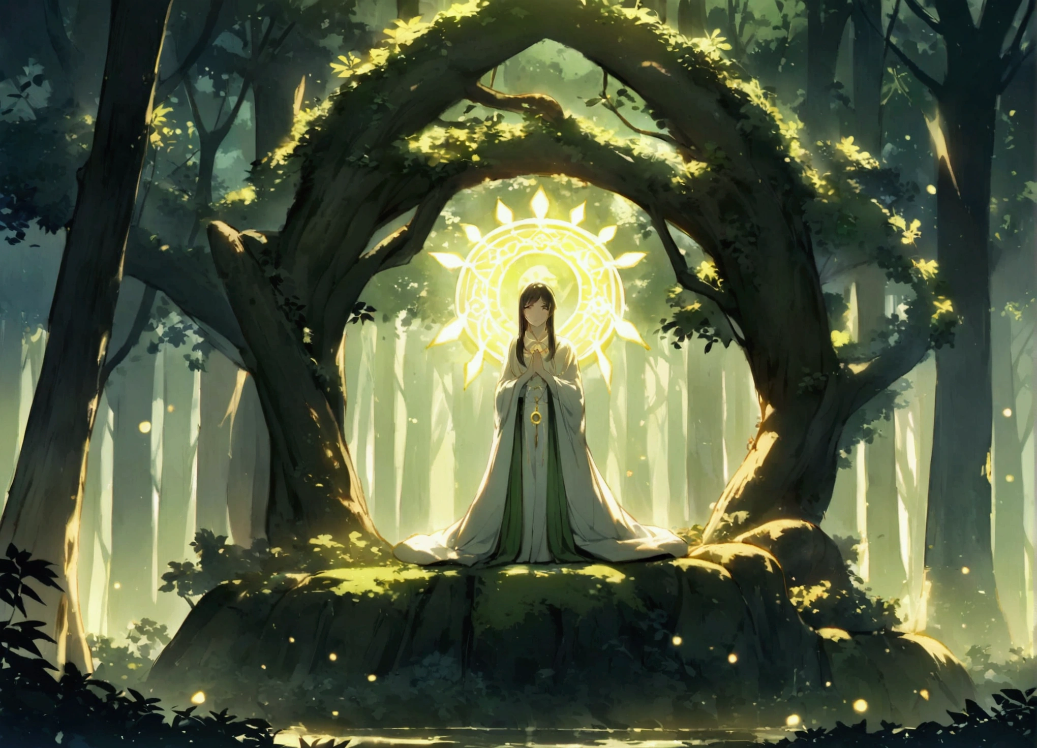 A mist-covered ancient forest at dawn, with sunlight filtering through the dense foliage. Amidst the trees stands a solitary figure, dressed in robes adorned with celestial symbols. Their gaze is fixed upwards, where a luminous portal hovers, radiating soft beams of light. Animals native to the forest gather around, peacefully observing this mystical scene, conveying a sense of harmony between nature and the spiritual realm."