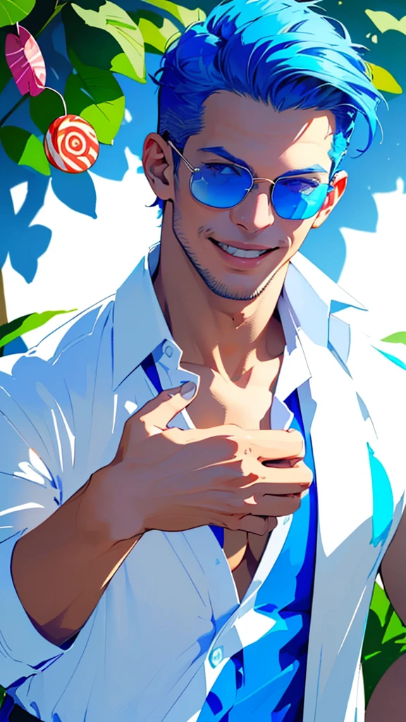 Man with blue hair、Blue suit man、(((Wearing a white open shirt、Smooth hair that reaches down to your back、Eyes showing through sunglasses、Handsome man holding candy and looking at camera while smiling、Hair up to the neck))),