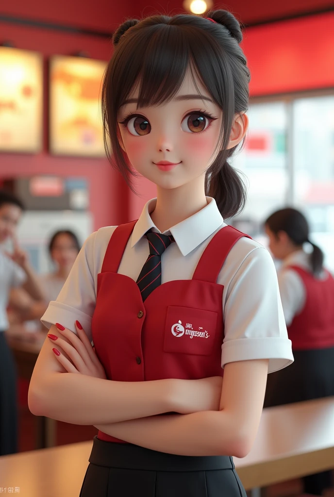 Maximumlism, hyper realistic, vivid colour, full body shot sharp focus digital photo style of Chinese very cute young girl, Swensen shop waiter, ponytail short hair, wearing Swensen uniform  suit