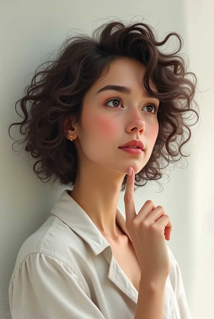 Simple drawing of a girl with curly black hair. Make her think about her future life working in cosmetology 
