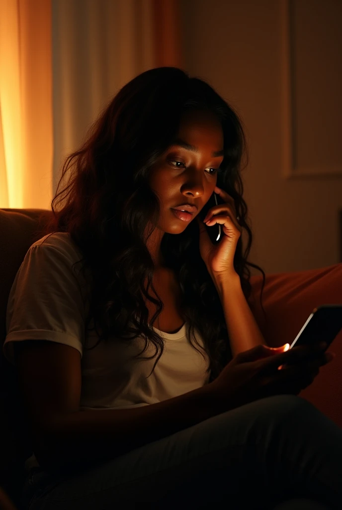 In night 20 year old black female (young), (long hair), received a call on the living room, smartphone. She wears casual clothes. Mistery style, cinematic lightning, day, warm colors